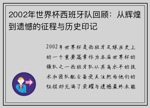 2002年世界杯西班牙队回顾：从辉煌到遗憾的征程与历史印记